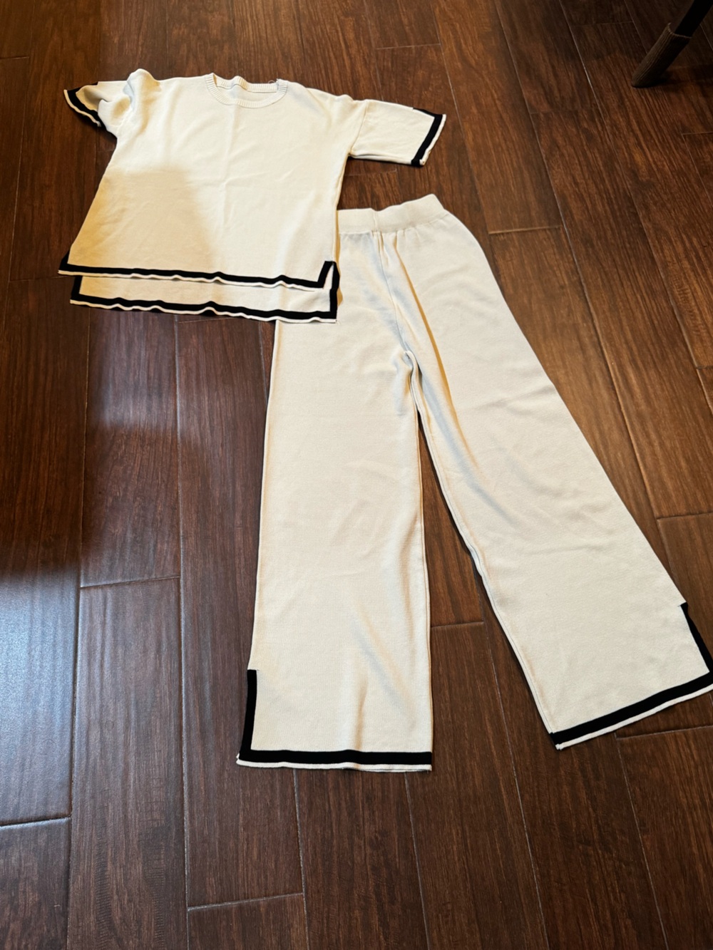 Women’s Cream Knit Flare Pants and Top with Black Trim